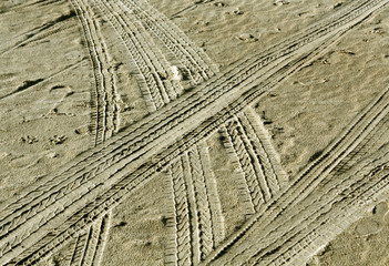 Tire tracks on sand.