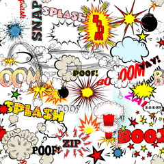 Seamless Comic Book Explosion, Bombs And Blast Set. Bubbles for speech, different sounds vector