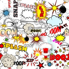 Obraz premium Seamless Comic Book Explosion, Bombs And Blast Set. Bubbles for speech, different sounds vector