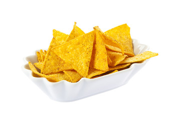 Bowl of nachos isolated on white background