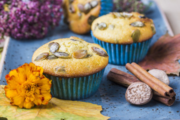 pumpkin muffins on the wooden table