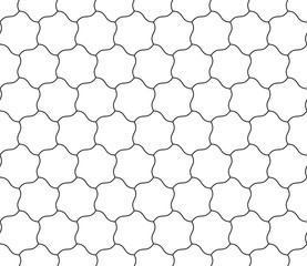 Seamless background of curved hexagons. Looks like puzzle od stars. Simple abstract pattern vector background in white with thin grey outline.