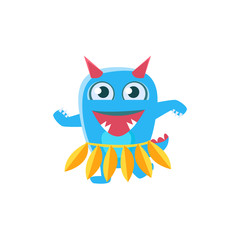 Blue Monster With Horns And Spiky Tail Dancing Hula