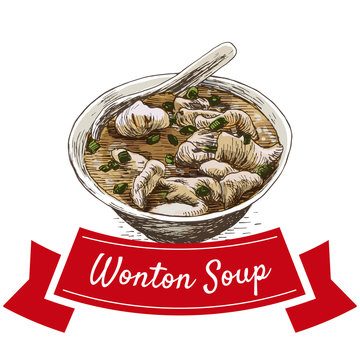 Wonton soup colorful illustration.