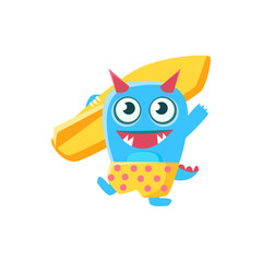 Happy Blue Monster With Horns And Spiky Tail  Surfboard