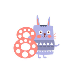 Rabbit Standing Next To Number Eight Stylized Funky Animal