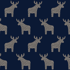 Christmas pattern with reindeer on dark blue background. Simple seamless Happy New Year background. Winter holidays vector design for textile, wallpaper, web, wrapping paper, fabric, decor etc.