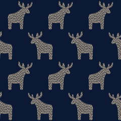 Christmas pattern with reindeer on dark blue background. Simple seamless Happy New Year background. Winter holidays vector design for textile, wallpaper, web, wrapping paper, fabric, decor etc.