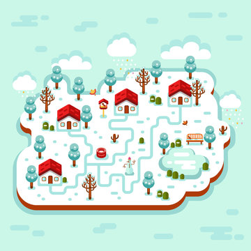 Vector flat style isometric 3d stock illustration of cartoon winter village, trees, well, footpath, pond, clouds, bench, snowman, birds feeders. Rural landscape.