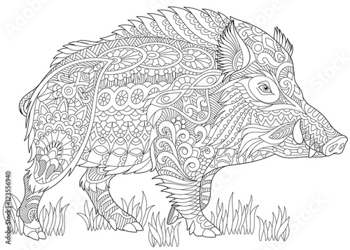 Download "Stylized wild boar (razorback, warthog, hog, pig). Freehand sketch for adult anti stress ...