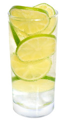 Fresh cold lemonade from lime with ice close up