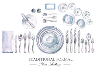 Traditional Formal Place Setting. Watercolor Illustration - 123559994