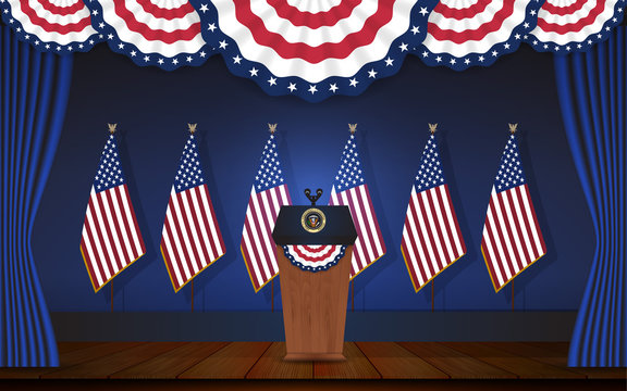 President podium on stage with flagstaff on back and semi-circle flag on top. Open curtain stage with blue background and wooden floor. Vector illustration