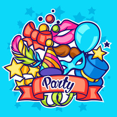 Celebration party card with carnival icons and objects