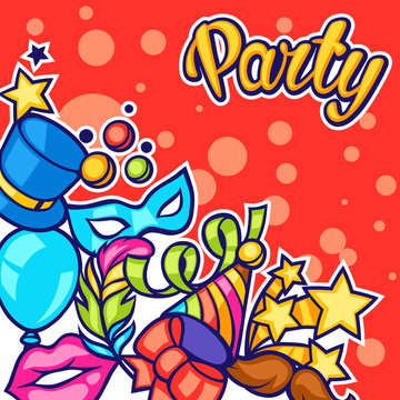 Celebration party card with carnival icons and objects