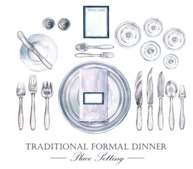 Foto auf Acrylglas Traditionelles formelles Abendessen Gedeck. Aquarellillustration © nataliahubbert