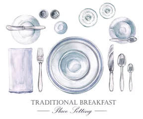 Zelfklevend Fotobehang Traditioneel ontbijt couvert. Aquarel Illustratie © nataliahubbert