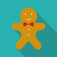 Gingerbread man flat icon with long shadow. Christmas card template. Colorful vector illustration.