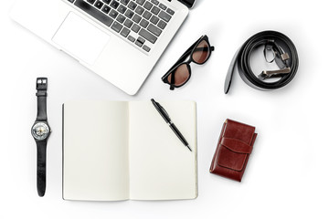 Still life of casual man. Modern male accessories and laptop on white