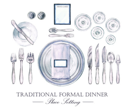 Traditional Formal Dinner Place Setting. Watercolor Illustration
