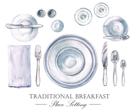 Traditional Breakfast Place Setting. Watercolor Illustration