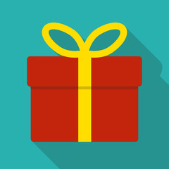 Gift box icon. Gift box in flat design with long shadow. Colorful vector illustration. 