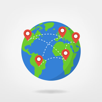 pin points on world map / travel concept illustration. location marker on globe, vector graphic.