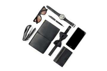 Still life of casual man. Modern male accessories on white