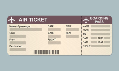  Plane ticket template. Airline boarding pass. Detailed blank of airplane ticket. Vector illustration.