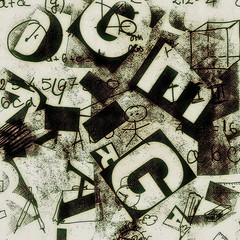 hand drawn school doodle with grunge collage of letters background, texture