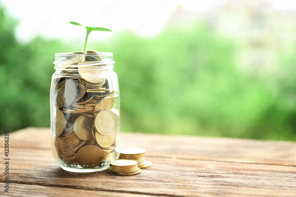 Sticker jar with coins and green plant on wooden table, financial investment concept