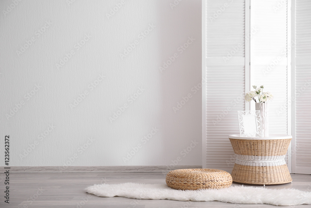 Canvas Prints room interior with white decorations and wicker furniture