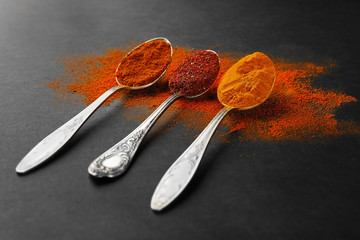 Spices in  spoons on a dark background