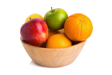 Naklejka na ściany i meble wooden bowl with fruits isolated on white