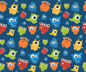 Seamless pattern with monsters. Print for Halloween. Big vector set of cartoon cute monsters and aliens. Custom shapes, bodies,