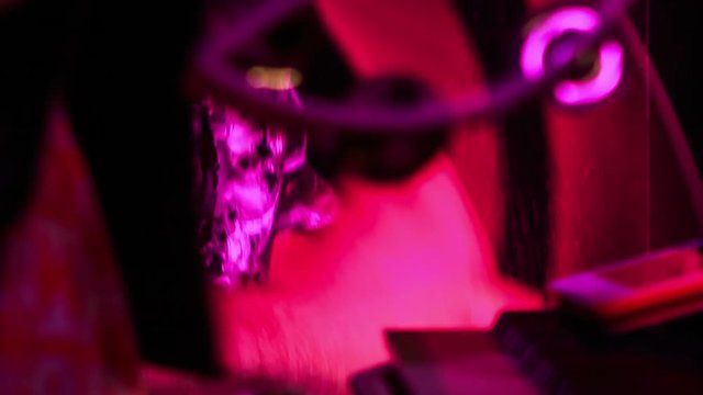 Closeup Hands Play Tambourine in Night Bar under Flashes