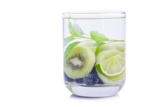 Detox water with Blueberries, kiwi and basil leaves.