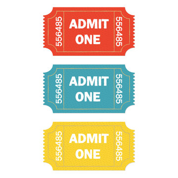 Admit one ticket set isolated on white background. Colorful vector illustration of cinema or theater retro ticket.