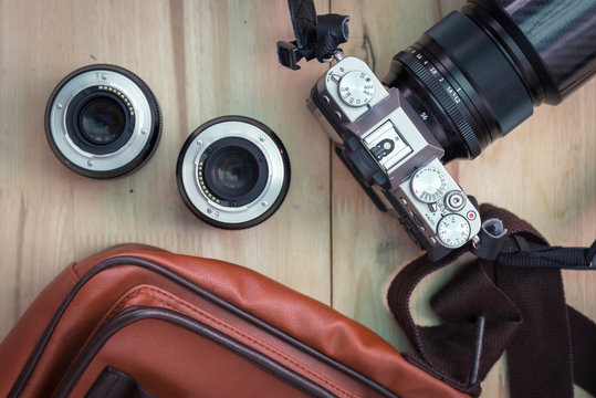 Vintage camera with with bag and accessory. vintage processed.