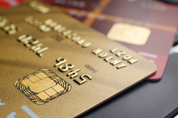 Plastic payment cards with chip close up