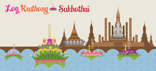 Fototapeta premium Loy Krathong Festival Background, Sukhothai, Celebration and Culture of Thailand
