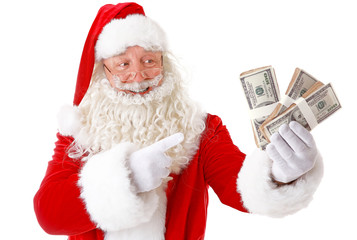 Santa Claus holding money on white background