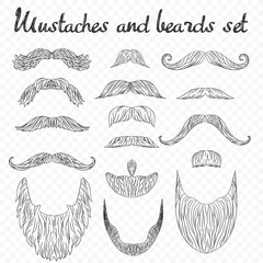 Man hair, mustache, beards collection isolated on transperant alpha background. Hipster high detailed retro fashion elements. in outline line drawing style.