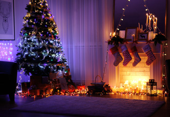 Interior of living room decorated for Christmas