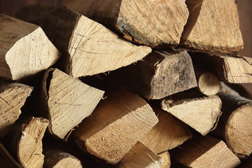 Stack of firewood, close up view