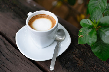Coffee cup on wood background