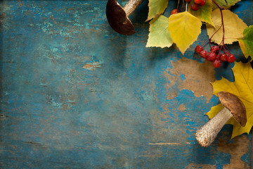 Autumn leaves, mushroom boletus on the background of vintage woo