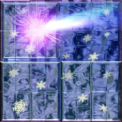 Winter window with luminous comet and snowflakes. Blue and white glass background with flying frozen snowflakes