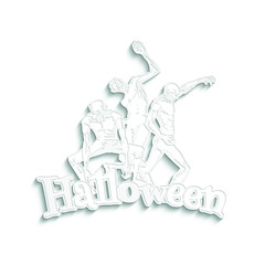 Zombie sticker. 3D illustration of zombies in different poses with Halloween text. Zombie Party Poster. Emblem cut out of a white paper texture. Good for Coloring. Design template