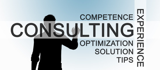 Consulting concept - text banner with silhouette of people in the background